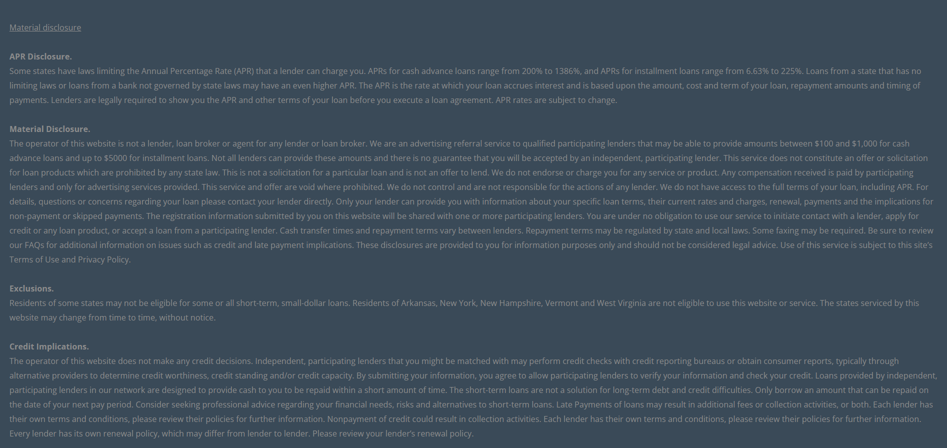 Material disclosure for payday loans in Las Cruces New Mexico